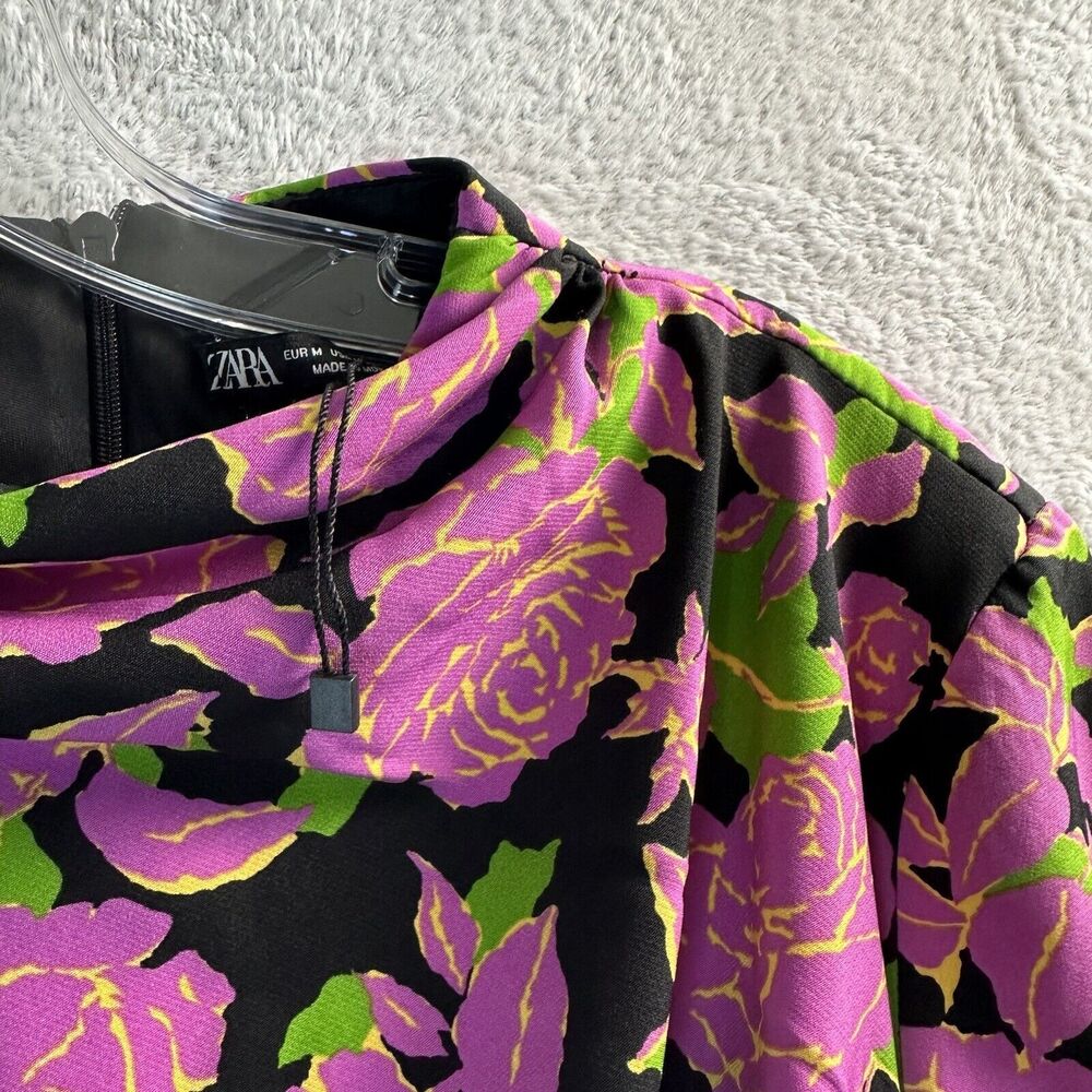 Zara Size M Pink Floral Ruched Bodycon Long Sleeve Mini Dress - Picture 6 of 14